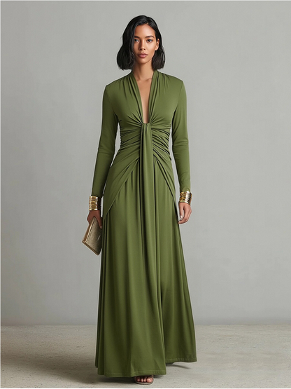 Oliv Seide Maxi Kleid V-Ausschnitt