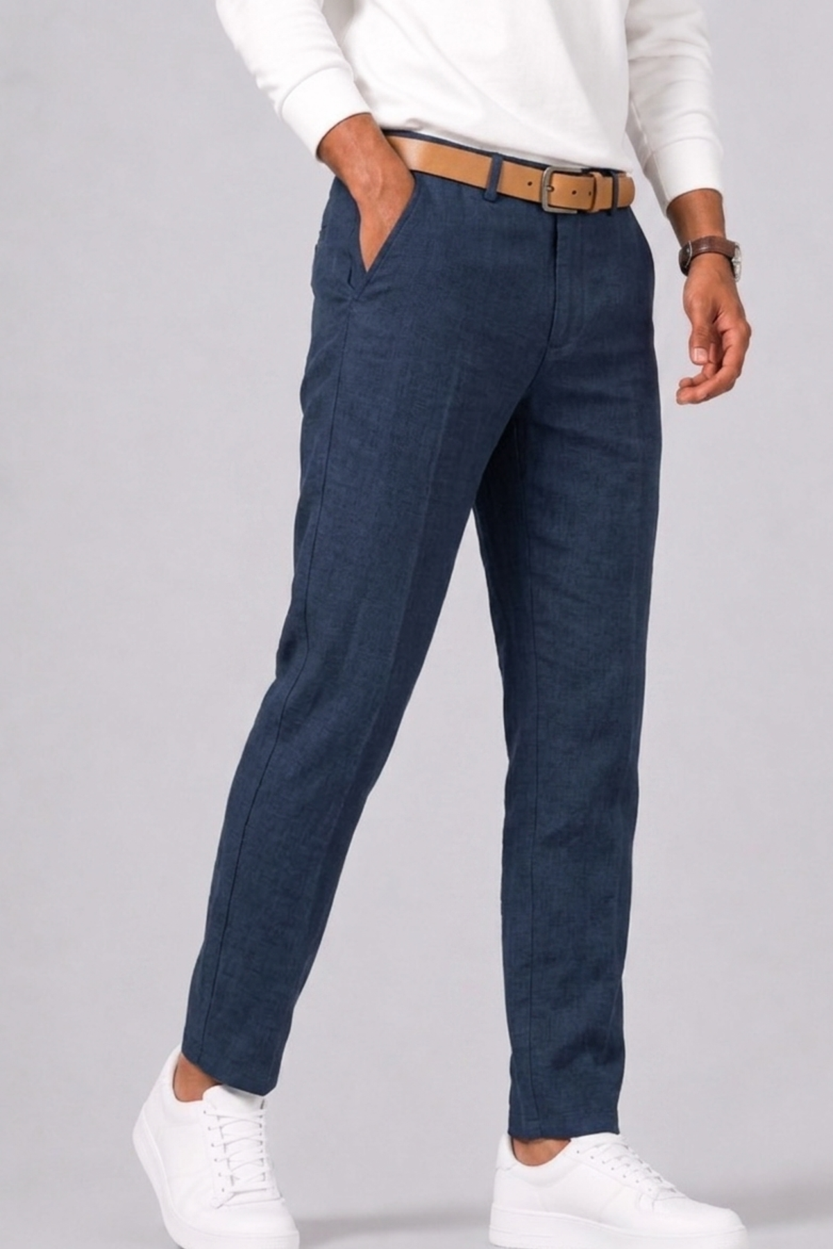 unelle | Heren Vlas Pantalon met Rechte Snit en Zijzakken