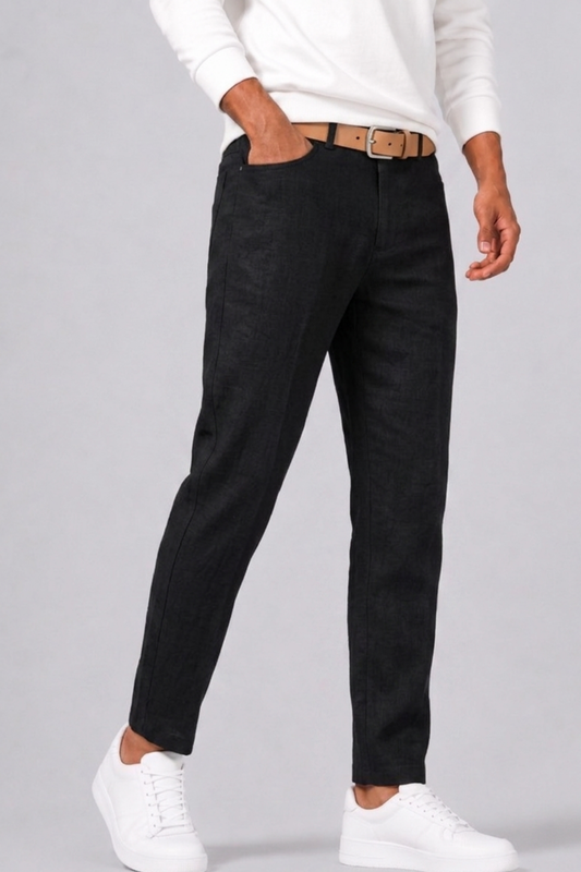 unelle | Heren Vlas Pantalon met Rechte Snit en Zijzakken