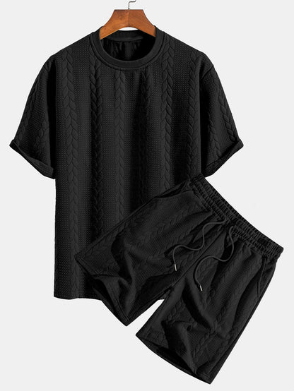 Comfortable Mid-Length Sleeve Twist Jacquard Tee & Shorts Set