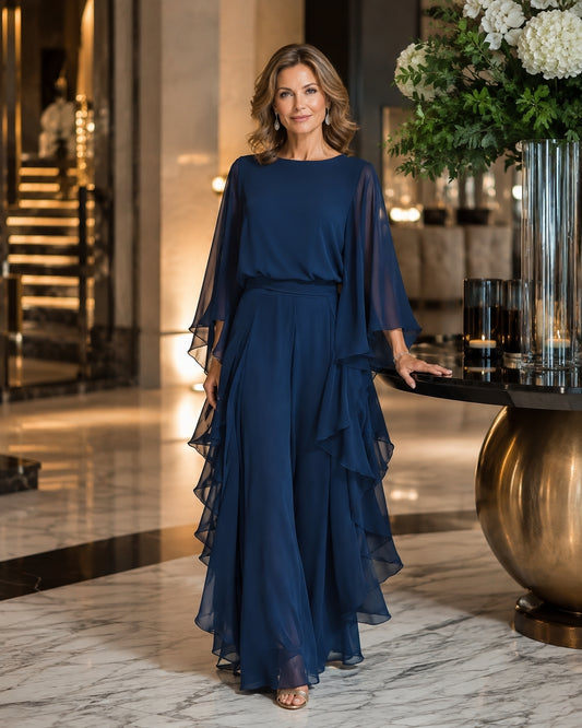 Liverno Ariel | Elegancki Szyfonowy Komplet w Kolorze Granatowym