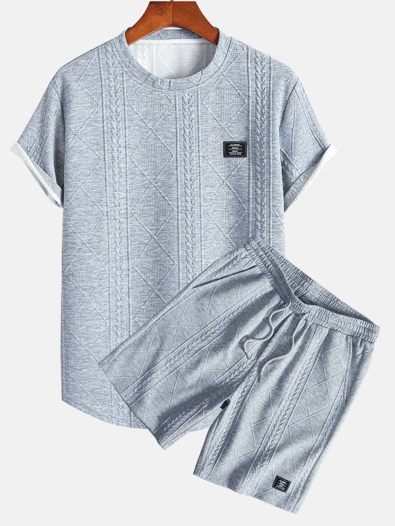 Geometric Jacquard Short Sleeve T-Shirt with Arc Hem & Matching Shorts