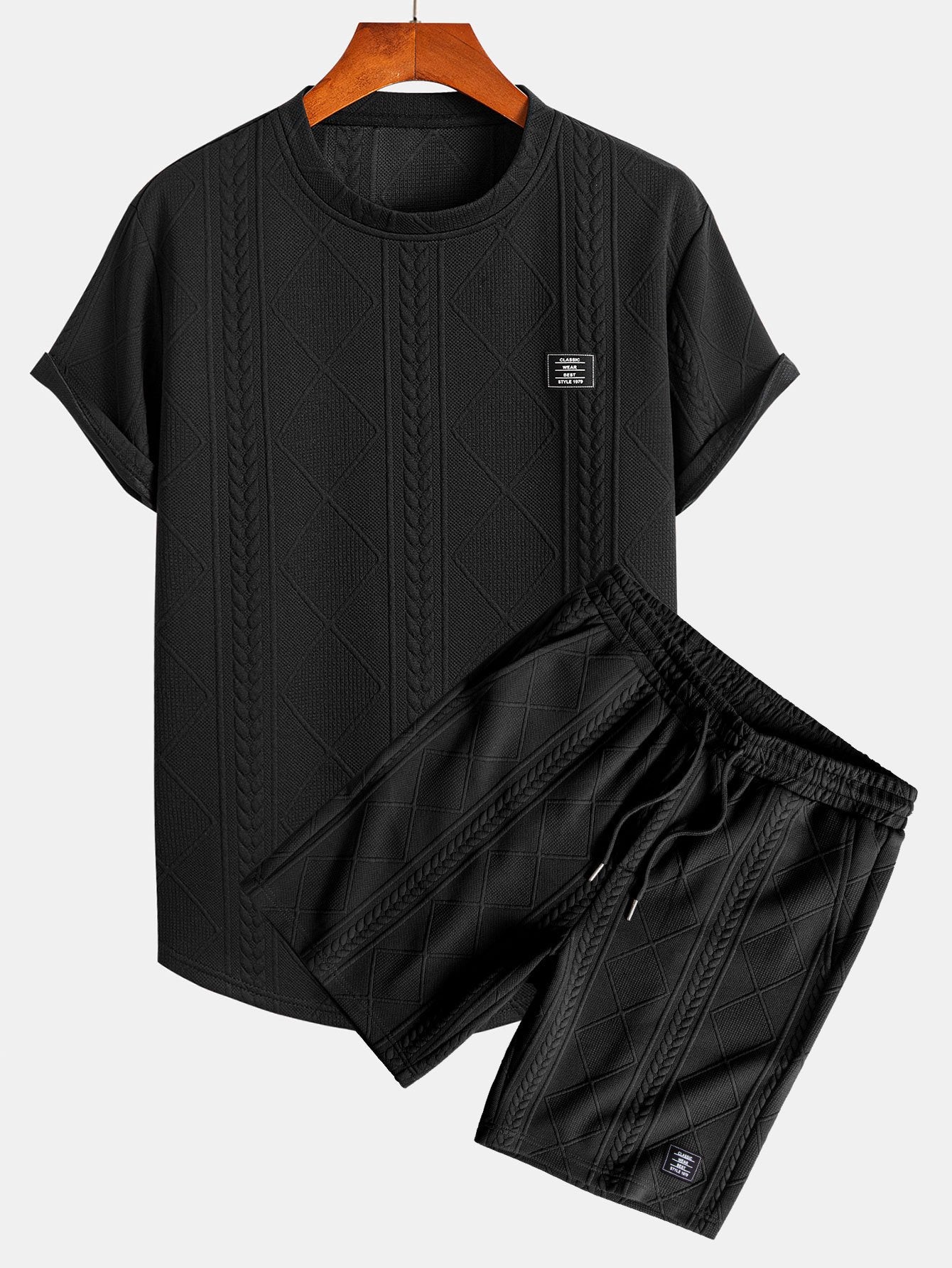 Geometric Jacquard Short Sleeve T-Shirt with Arc Hem & Matching Shorts
