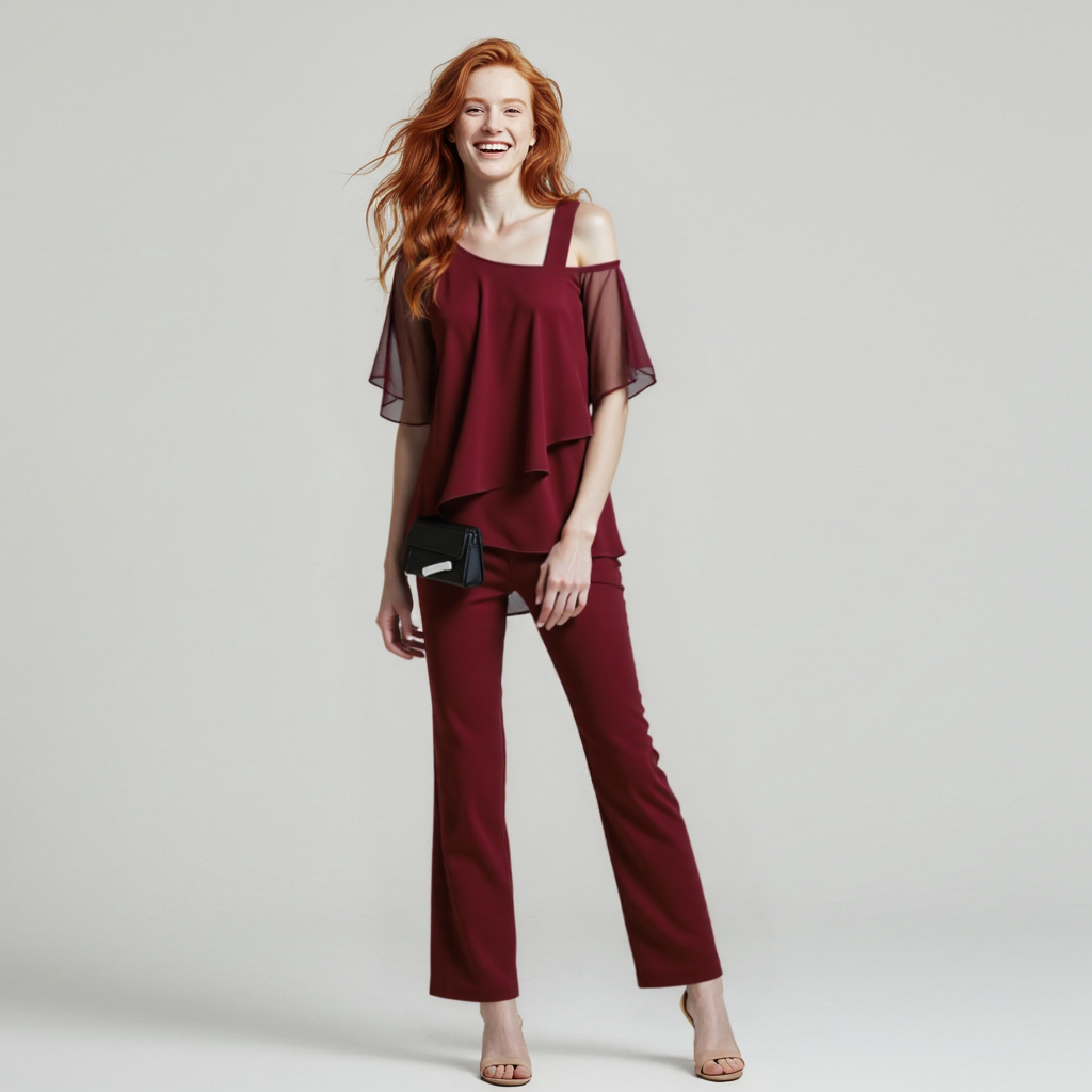 Drune Damen Zweiteiler Satz| Eleganter Jumpsuit mit Cold Shoulder Bluse