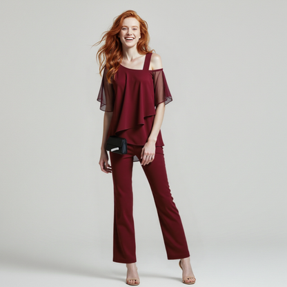 Drune Damen Zweiteiler Satz| Eleganter Jumpsuit mit Cold Shoulder Bluse